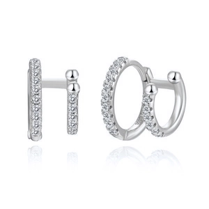 Double-layer sterling silver hoop earrings with micro-set cubic zirconia on white background