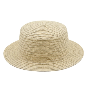 Classic straw boater hat with a flat top and wide brim for sun protection on beach