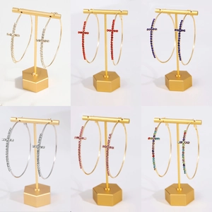 Alloy Rhinestone Hoop Earrings With Cross Charm And Stainless Steel Earring Post Sparkly Large Circle Jewelry Women