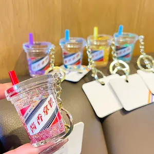 Creative coffee cup keychain with liquid glitter sand and golden keyring charm