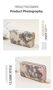 Close-up of long double zipper wallets with vintage paisley patterns in beige and pink