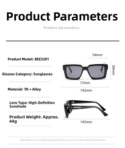 Detailed size specifications for square frame sunglasses with TR alloy frame and HD lenses