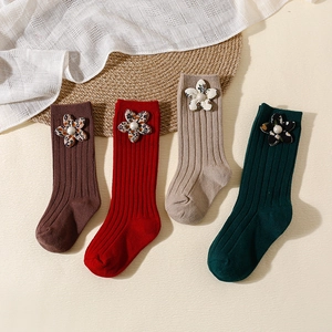 Kids Girls Mid Tube Socks Knit Cotton Ribbed With Floral Flower And Faux Artificial Pearl Christmas New Year For Toddler Baby