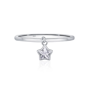 S925 Sterling Silber Ring mit einem baumelnden, facettierten klaren Stern-Edelsteinanhänger