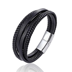Men's multi-layer black braided leather bracelet with a silver magnetic clasp