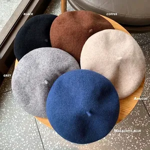 Classic Australian wool beret hats in black, grey, coffee, apricot, and malachite blue