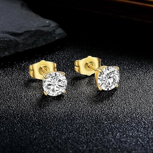 Classic round cubic zirconia stud earrings with gold-plated stainless steel four-prong setting