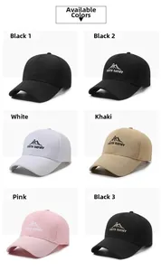 Multiple colors of baseball caps with mountain peak embroidery and curved brim design