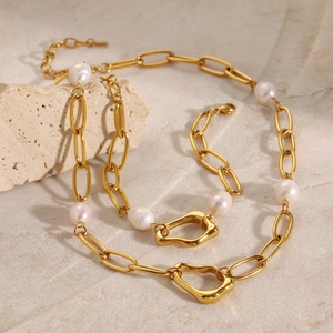18k gold plated stainless steel necklace and bracelet set with irregular pearl pendants