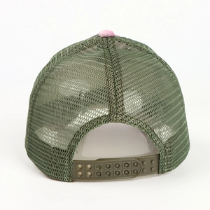 Back view of mesh trucker hat in olive green with pink button and snapback closure