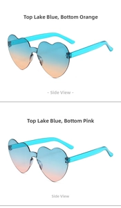 Side view of heart-shaped rimless sunglasses featuring blue, orange, and pink gradients