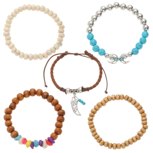 Detail of 5-piece bohemian bracelet set with turquoise wood beads and braided rope