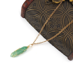 Handmade wire wrapped green crystal hexagonal pillar pendant necklace with golden chain