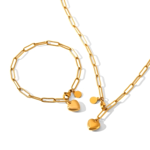 Parure de bijoux en acier inoxydable plaqué or 18k avec collier et bracelet cœur poli