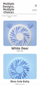 Detail of portable mini fans in white deer and blue kid designs with USB desktop stand