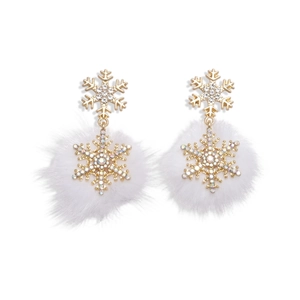 Sparkling snowflake earrings with rhinestones and white fur balls for a Christmas look