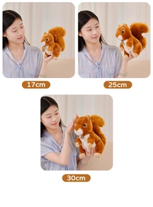 Three sizes of realistic brown and white squirrel plush toys: 17cm, 25cm, and 30cm comparison