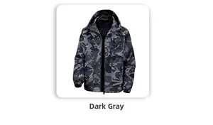 Detail of waterproof camouflage jacket with dark gray camo print and zipper pockets