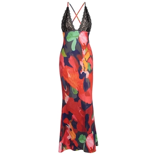 Detail of floral maxi dress with black lace V-neckline and crisscross back straps