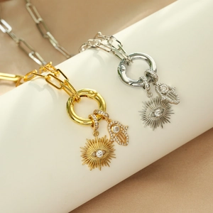 Micro Zircon Hamsa Hand Evil Eye Pendant Necklace Copper Paperclip Chain Spring Ring Clasp Amulet Jewelry For Women