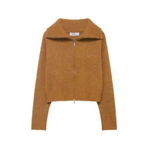 Close-up of brown knit cardigan featuring high neck collar and dual metal zipper detail