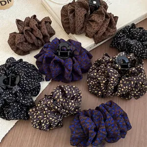 Grande Pince À Cheveux Léopard Cœur Tissu Plissé Chouchou Rétro Pince Requin Élégante Mode Accessoires Cheveux Femmes