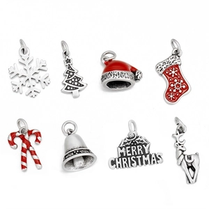 Set of 8 Christmas stainless steel charms including snowflakes and red enamel bells