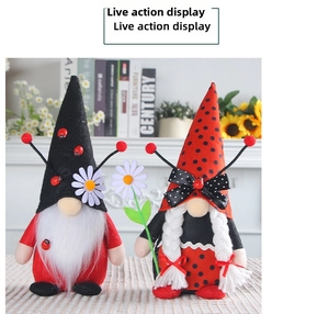 Detailed view of handmade ladybug themed gnomes with soft plush and knitted textures