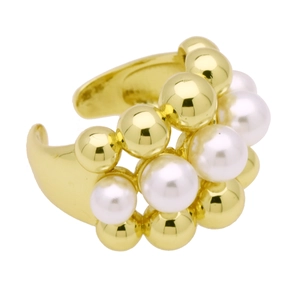 Elegant gold open ring featuring layers of white pearls and polished metallic beads