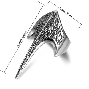 Vintage silver Viking totem raven ring for men featuring detailed punk axe design carvings