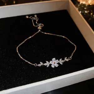 Elegant Zircon Flower Bracelet Copper Adjustable Slider Jewelry For Women Sparkly Leaf Accent Gift
