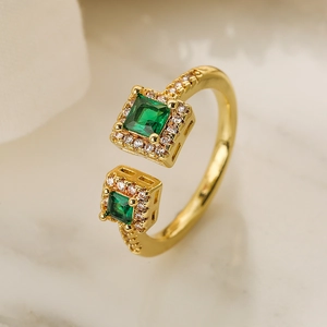Geometric Open Adjustable Ring Copper Real Gold Plated Square Zirconia Micro Paved Vintage Light Luxury For Women