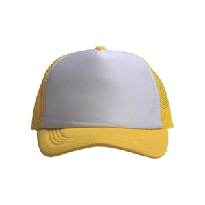 Detail of breathable yellow mesh and white foam panels on a classic trucker cap