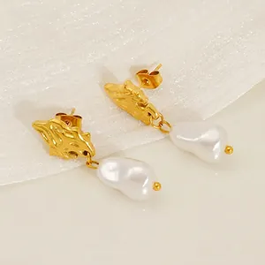 Orecchini Texture Lava Irregolare Con Perla Artificial Barocca Acciaio Inossidabile Placcato Oro 18K Retrò Per Donne Moda