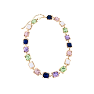 Vintage style square colorful gemstone necklace with gold-plated base on white background