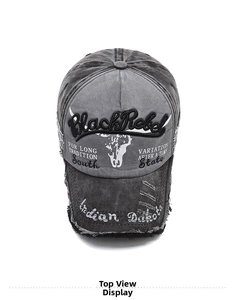 Close-up of vintage washed grey baseball cap featuring Black Rebel 3D embroidery detail
