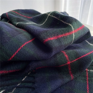 Close-up of thick plaid wool scarf showing soft texture and classic checkered pattern