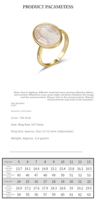 Size chart for 925 sterling silver shell ring showing dimensions and conversion table
