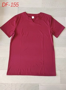 Detail of burgundy men's Henley T-shirt neckline with stitching and white size label