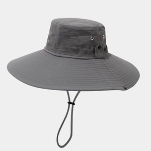 Detail of wide brim sun hat featuring metal vents and adjustable windproof strap