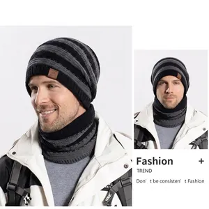 Winter thermal knit beanie and neck warmer set with grey stripes and fleece lining