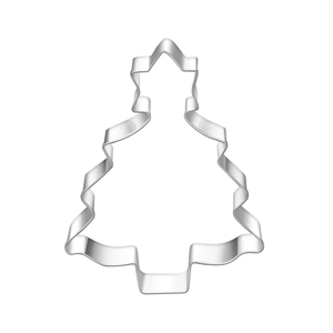 Detailed view of silver stainless steel Christmas tree shaped cookie cutter for baking