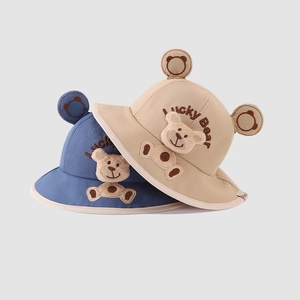 Toddler sun bucket hat with 3D bear ears and Lucky Bear embroidery in blue and beige