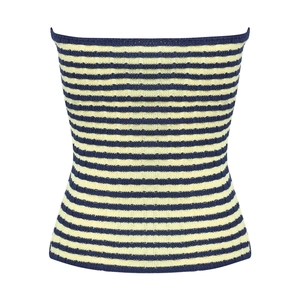Dettaglio della trama in maglia a righe blu e gialle di un top a fascia elasticizzato