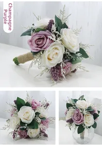 Detail of champagne purple artificial rose bouquet with natural jute twine wrapping
