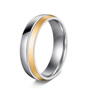 Close-up of dual-tone stainless steel ring with gold inlay and polished mirror finish