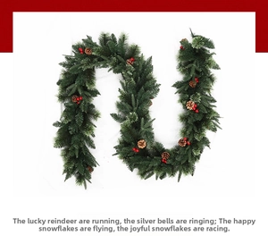 Detail of Christmas garland with green pine needles, red berries, and natural pine cones