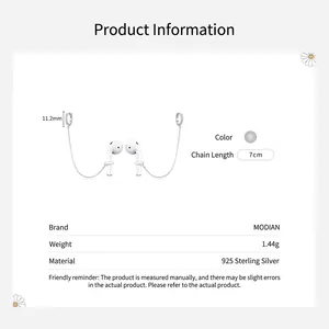 S925 sterling silver anti-lost earring strap for wireless earphones with 7cm chain