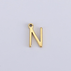 Detailansicht eines minimalistischen goldenen Edelstahl-N-Anhängers auf weißem Grund