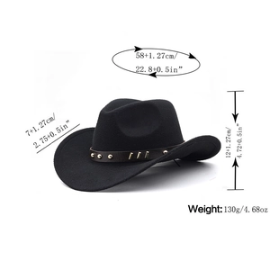 Black western wool cowboy hat with brown leather rivet belt and product dimension details